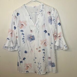 Floral V-Neck Blouse - White and Blue